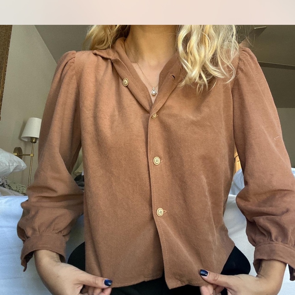 70s Vintage Brown Velvet Button-Up Women's Top